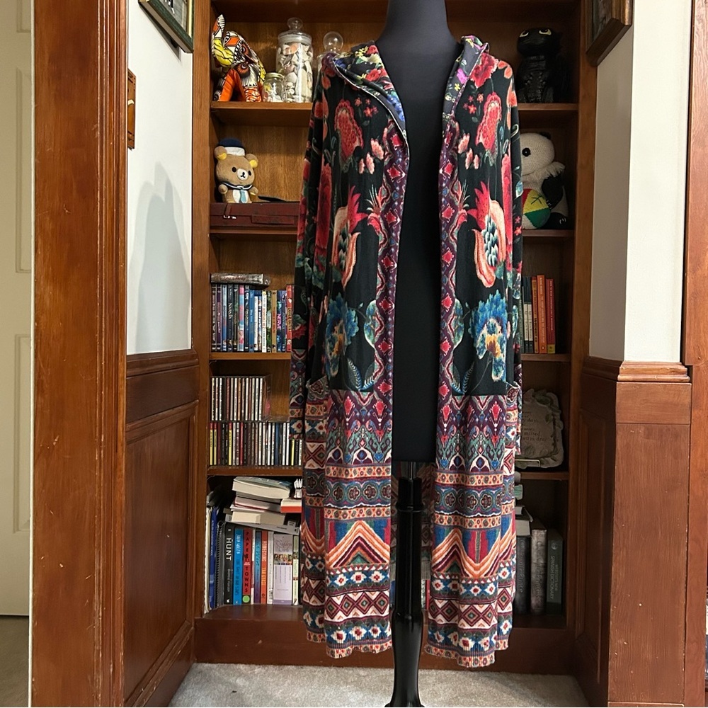 Johnny Was Floral Multicolor Patterned Long Sleeve Hooded Pocket Duster Sweater